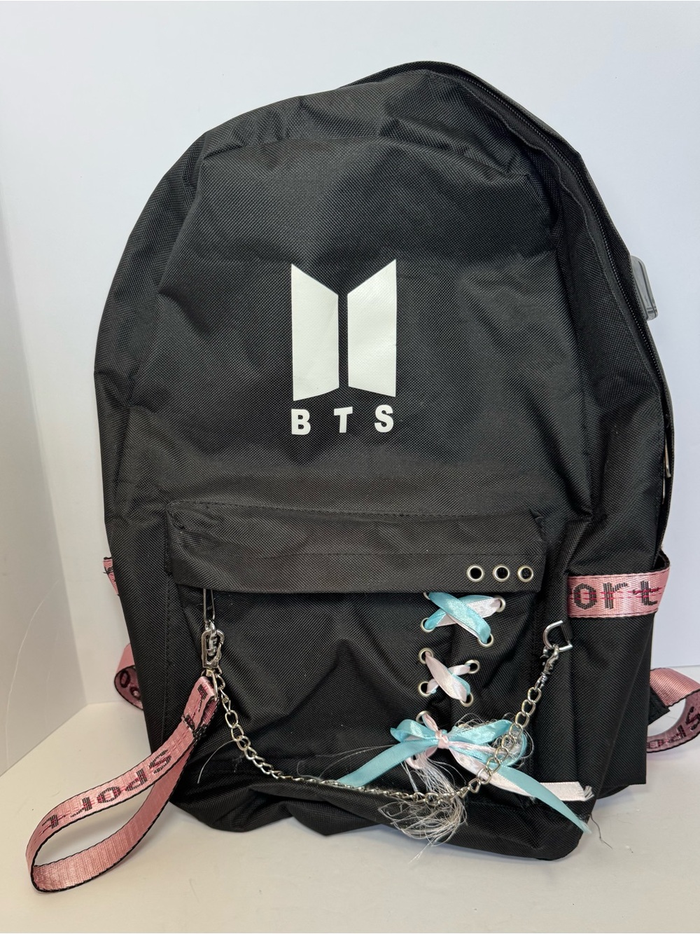 BTS K-Pop Inspired Black Fashion Backpack with Chain & Ribbon Accents